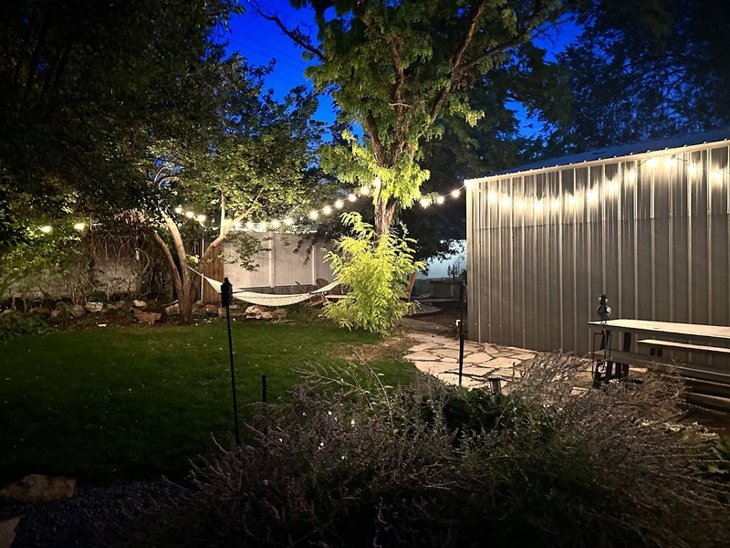 Wired Hanging lights in a back yard.